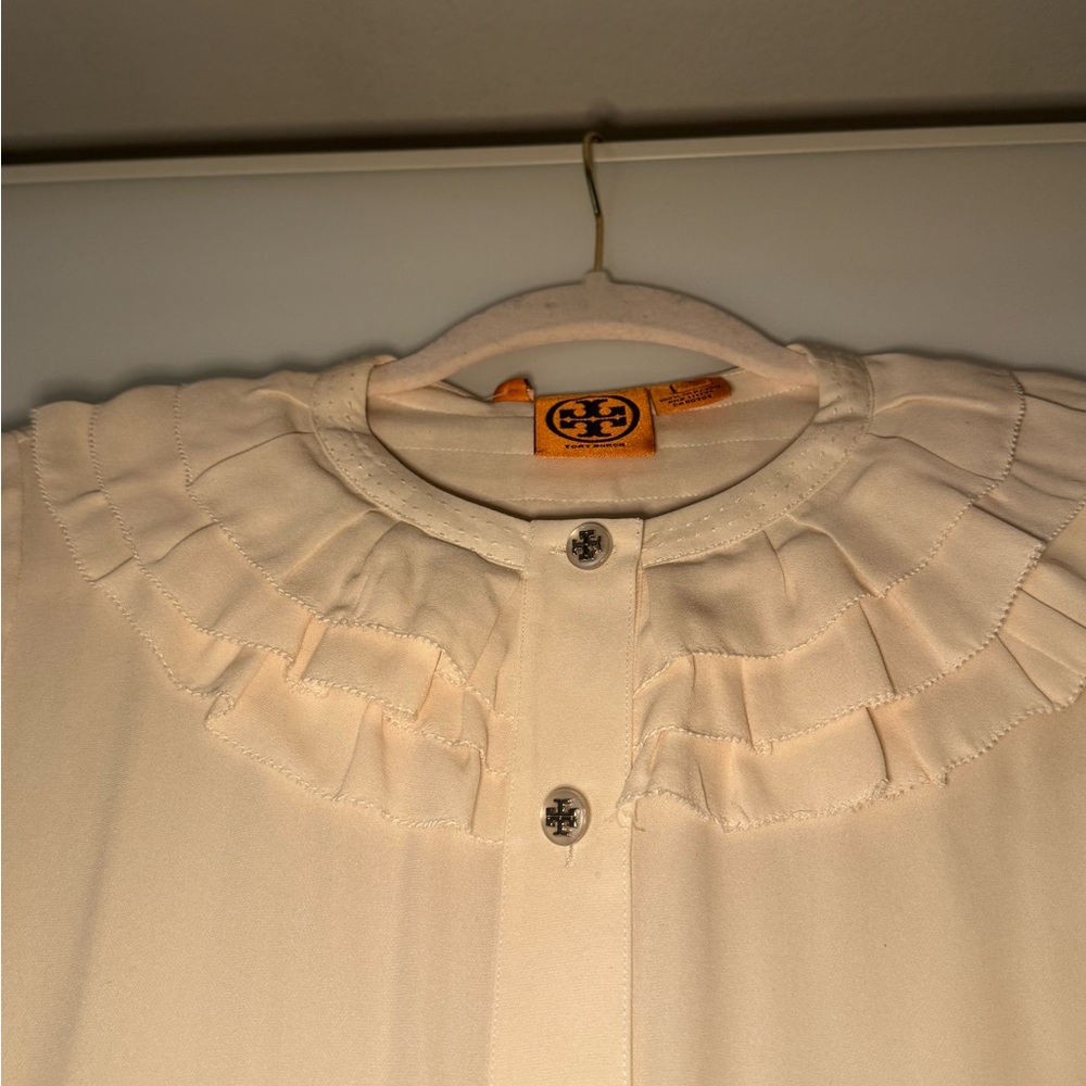 Elegant Cream Women's silk Blouse by Tory Burch with beautiful Tory buttons